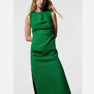 Zara Green Long Texture Fringe Weave Tweed Midi Pencil Bodycon Dress Size L NWT